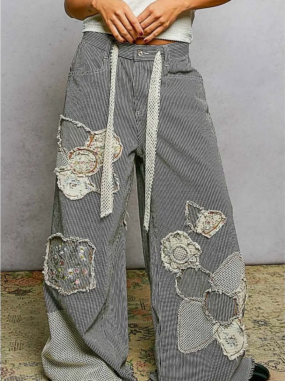 POL-Black Striped Wide-Leg Patchwork Pants in Black & White